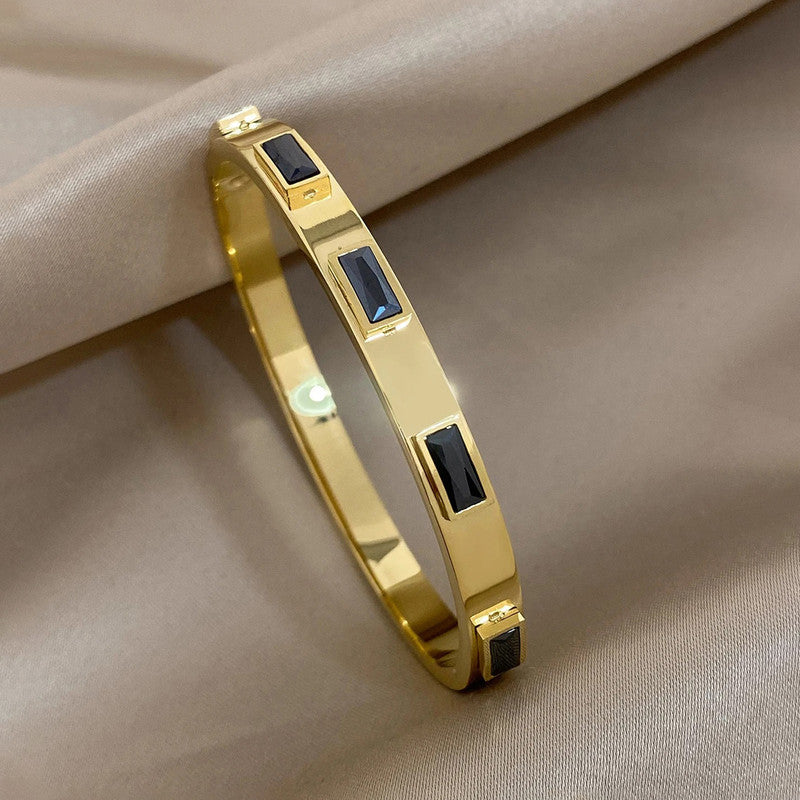 Stainless Steel Gold-Plated Black Rectangular American Diamond studded Bangle-Style Anti-Tarnish Bracelet For Women - MySmartBazaar