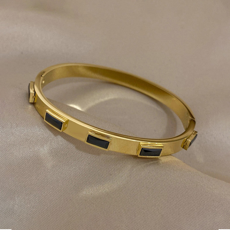 Stainless Steel Gold-Plated Black Rectangular American Diamond studded Bangle-Style Anti-Tarnish Bracelet For Women - MySmartBazaar