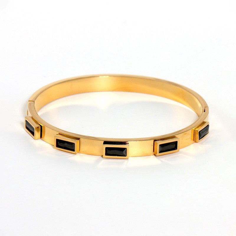 Stainless Steel Gold-Plated Black Rectangular American Diamond studded Bangle-Style Anti-Tarnish Bracelet For Women - MySmartBazaar