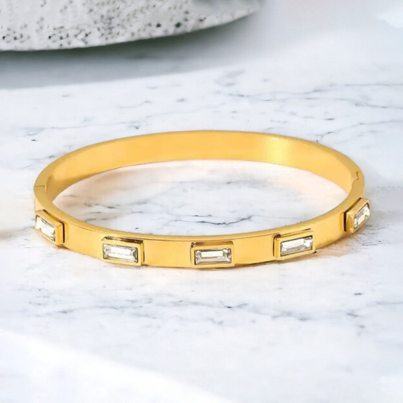 Stainless Steel Gold-Plated White Rectangular American Diamond studded Bangle-Style Anti-Tarnish Bracelet For Women - MySmartBazaar