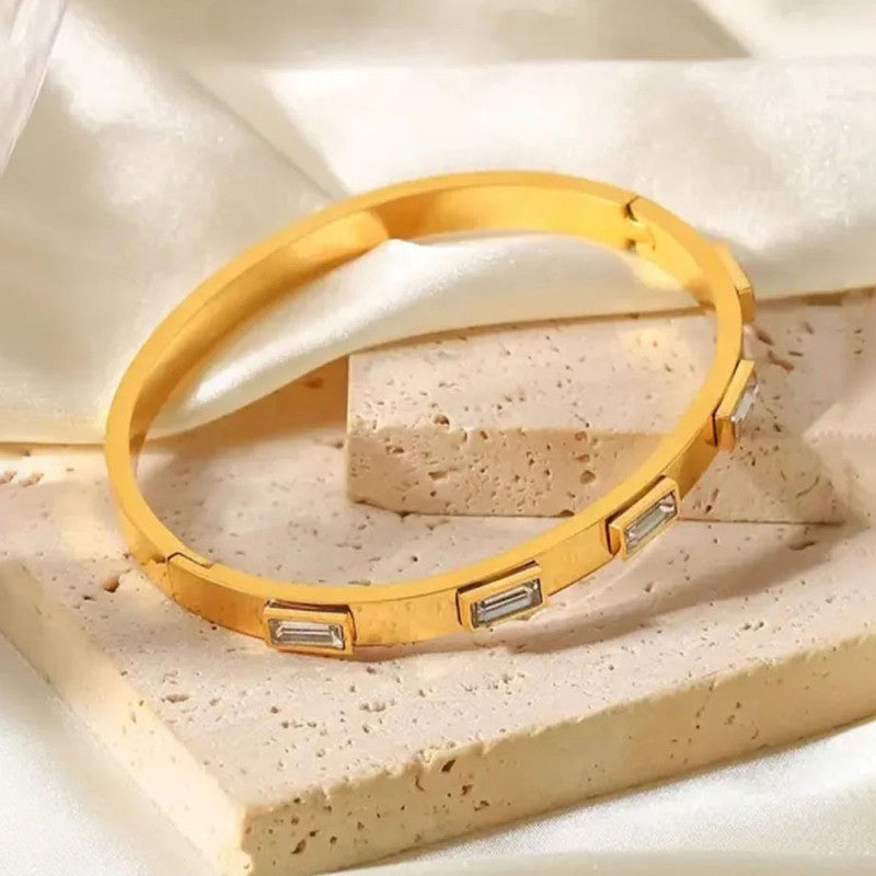 Stainless Steel Gold-Plated White Rectangular American Diamond studded Bangle-Style Anti-Tarnish Bracelet For Women - MySmartBazaar