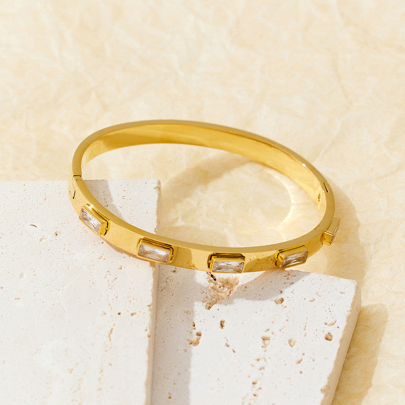 Stainless Steel Gold-Plated White Rectangular American Diamond studded Bangle-Style Anti-Tarnish Bracelet For Women - MySmartBazaar