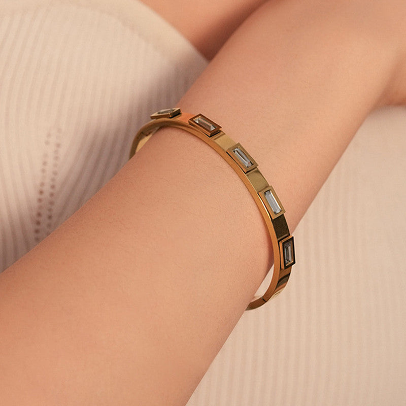 Stainless Steel Gold-Plated White Rectangular American Diamond studded Bangle-Style Anti-Tarnish Bracelet For Women - MySmartBazaar
