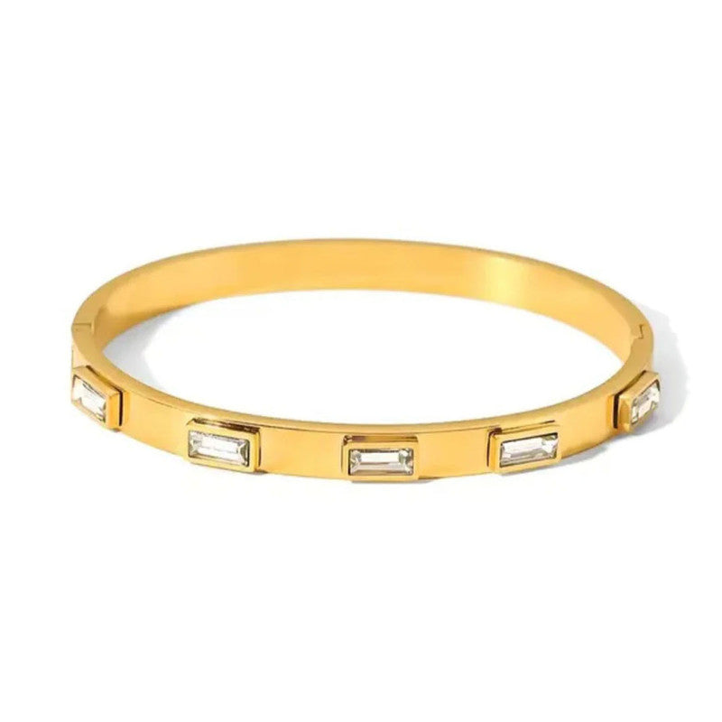 Stainless Steel Gold-Plated White Rectangular American Diamond studded Bangle-Style Anti-Tarnish Bracelet For Women - MySmartBazaar