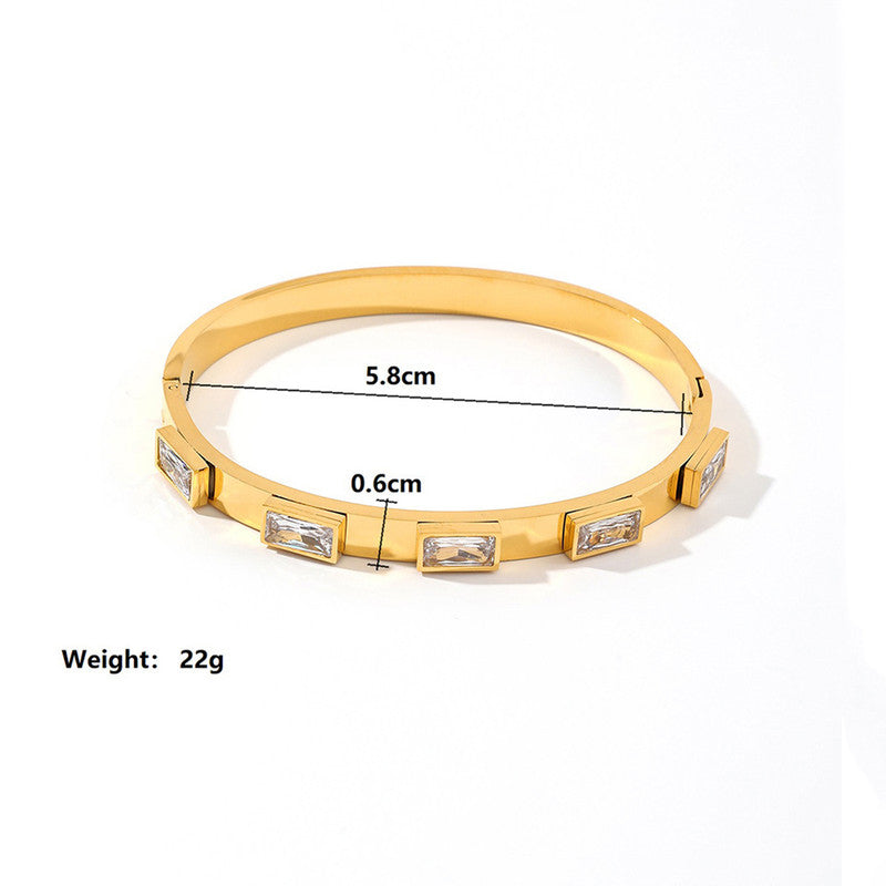 Stainless Steel Gold-Plated White Rectangular American Diamond studded Bangle-Style Anti-Tarnish Bracelet For Women - MySmartBazaar