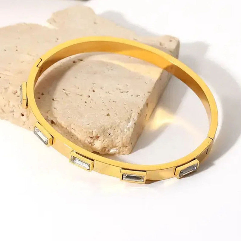 Stainless Steel Gold-Plated White Rectangular American Diamond studded Bangle-Style Anti-Tarnish Bracelet For Women - MySmartBazaar