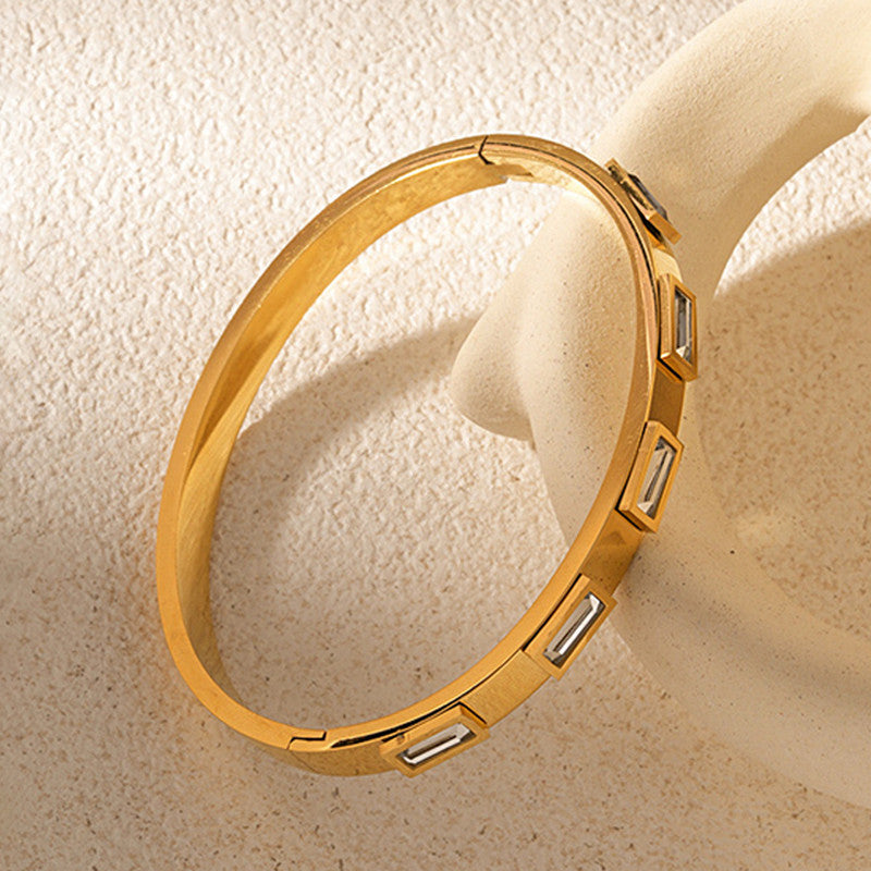 Stainless Steel Gold-Plated White Rectangular American Diamond studded Bangle-Style Anti-Tarnish Bracelet For Women - MySmartBazaar