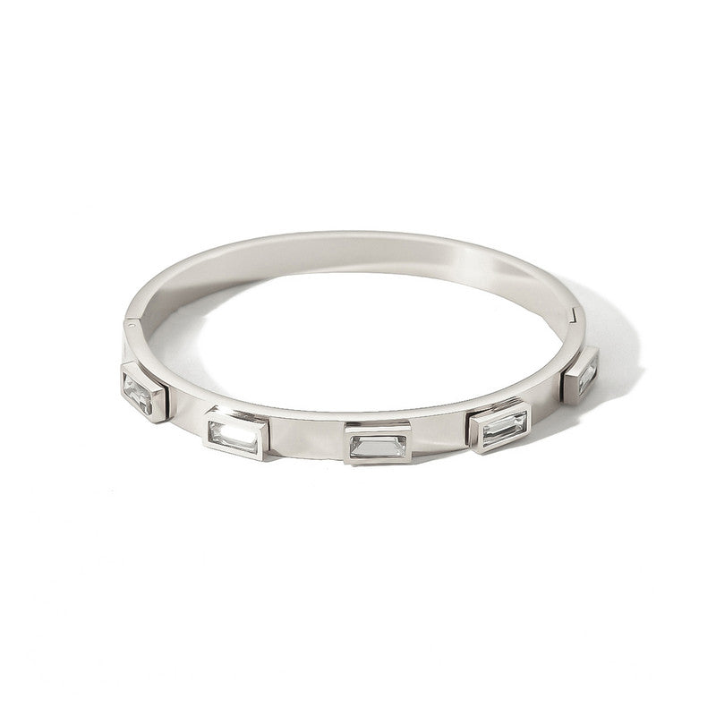 Stainless Steel Silver-Plated White Rectangular American Diamond studded Bangle-Style Anti-Tarnish Bracelet For Women - MySmartBazaar