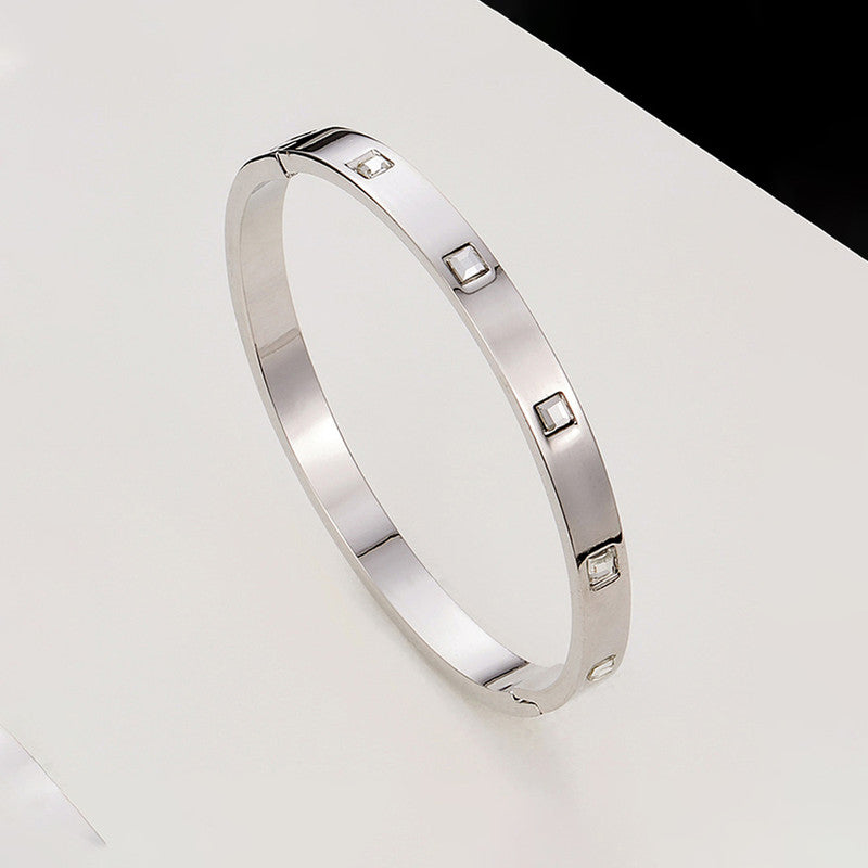 Stainless Steel Silver-Plated White Square American Diamond studded Bangle-Style Anti-Tarnish Bracelet For Women - MySmartBazaar