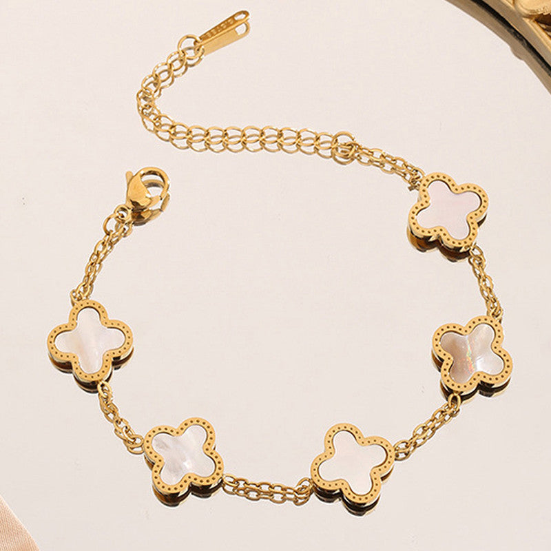 Stainless Steel Gold-Plated White Clover Mother of Pearl Link Bracelet For Women - MySmartBazaar