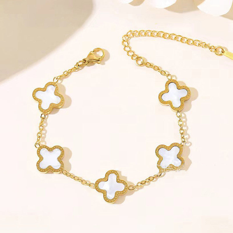 Stainless Steel Gold-Plated White Clover Mother of Pearl Link Bracelet For Women - MySmartBazaar