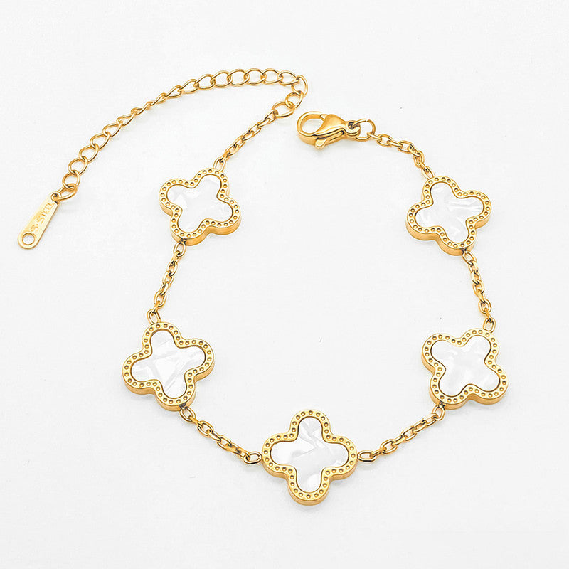 Stainless Steel Gold-Plated White Clover Mother of Pearl Link Bracelet For Women - MySmartBazaar