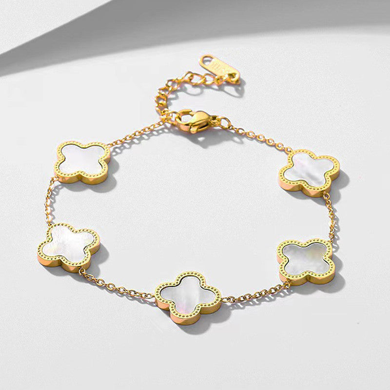 Stainless Steel Gold-Plated White Clover Mother of Pearl Link Bracelet For Women - MySmartBazaar