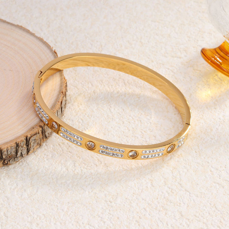 Stainless Steel Gold-Plated American Diamond Studded Bangle-Style Anti-Tarnish Bracelet For Women - MySmartBazaar