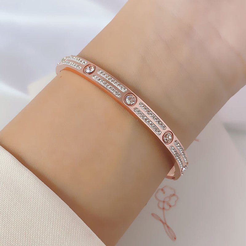Stainless Steel Rose Gold-Plated American Diamond Studded Bangle-Style Bracelet For Women - MySmartBazaar