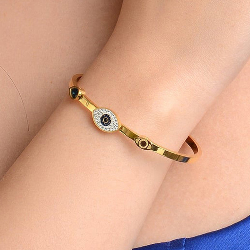 Stainless Steel Gold-Plated American Diamond Evil Eye Bangle-Style Anti-Tarnish Bracelet For Women - MySmartBazaar