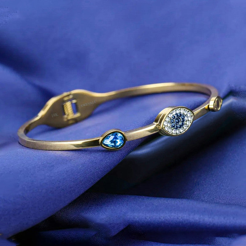 Stainless Steel Gold-Plated American Diamond Evil Eye Bangle-Style Anti-Tarnish Bracelet For Women - MySmartBazaar
