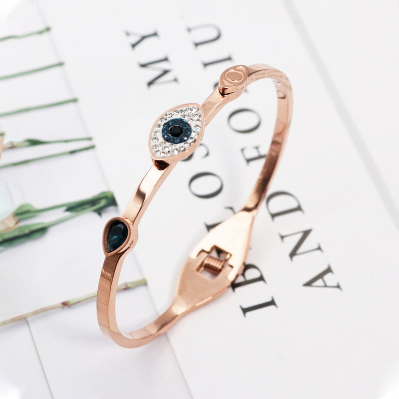 Stainless Steel Rose Gold-Plated American Diamond Evil Eye Bangle-Style Bracelet For Women - MySmartBazaar