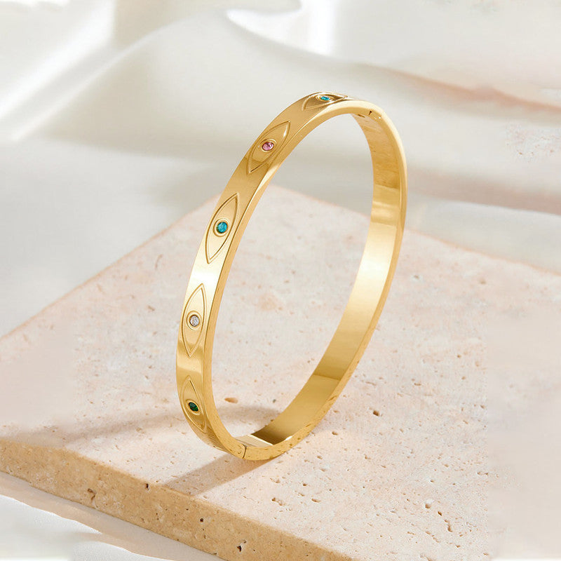 Stainless Steel Gold-Plated Multicolor American Diamond Evil Eye Bangle-Style Anti-Tarnish Bracelet For Women - MySmartBazaar