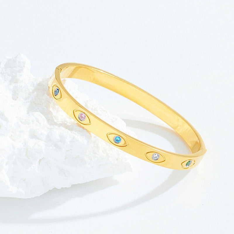 Stainless Steel Gold-Plated Multicolor American Diamond Evil Eye Bangle-Style Anti-Tarnish Bracelet For Women - MySmartBazaar