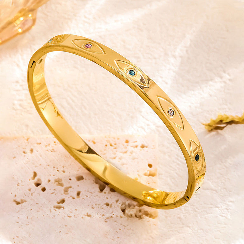 Stainless Steel Gold-Plated Multicolor American Diamond Evil Eye Bangle-Style Anti-Tarnish Bracelet For Women - MySmartBazaar