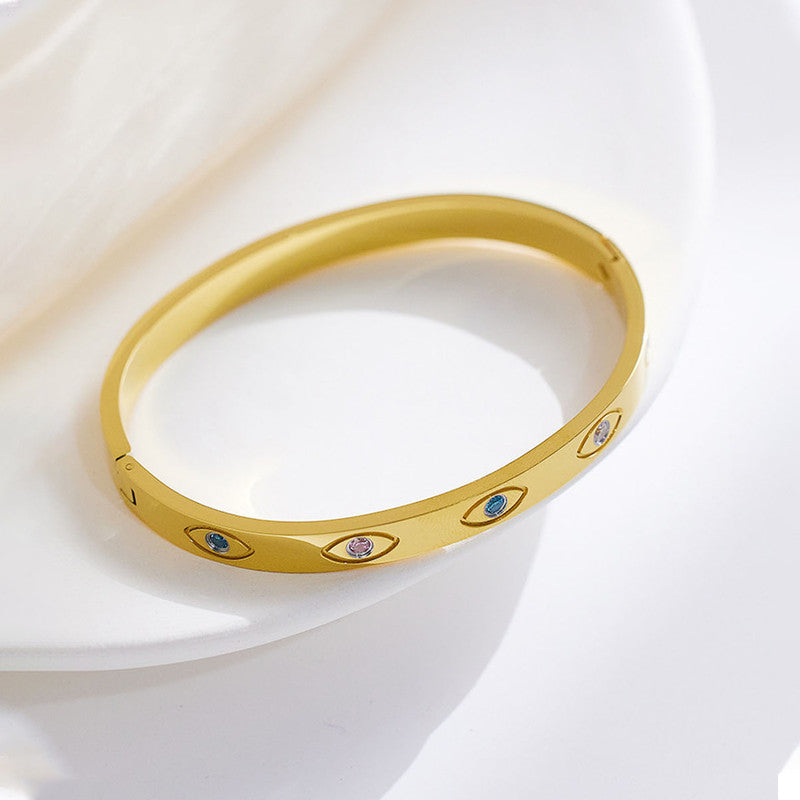 Stainless Steel Gold-Plated Multicolor American Diamond Evil Eye Bangle-Style Anti-Tarnish Bracelet For Women - MySmartBazaar