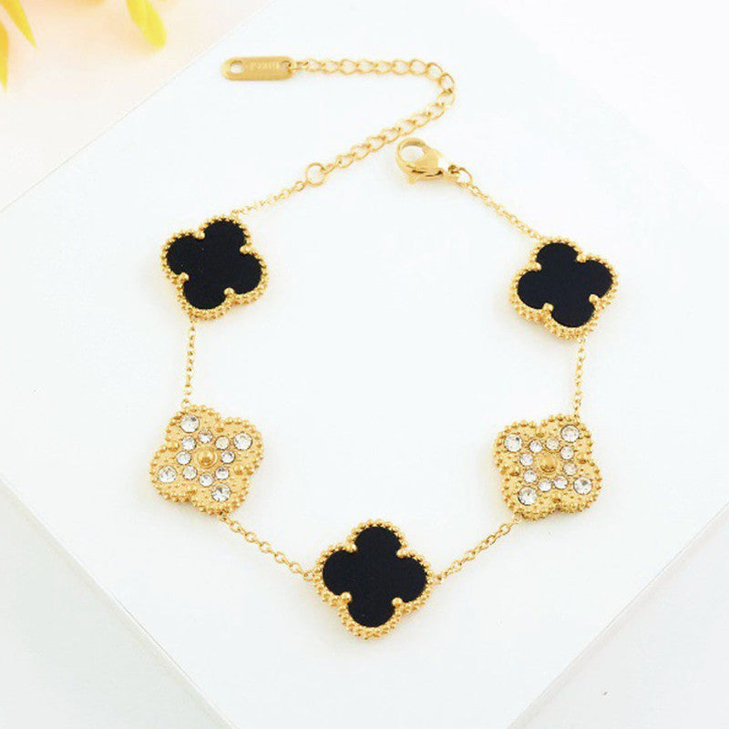 Stainless Steel Gold-Plated Multicolor AD studded Clover Link Bracelet For Women - MySmartBazaar