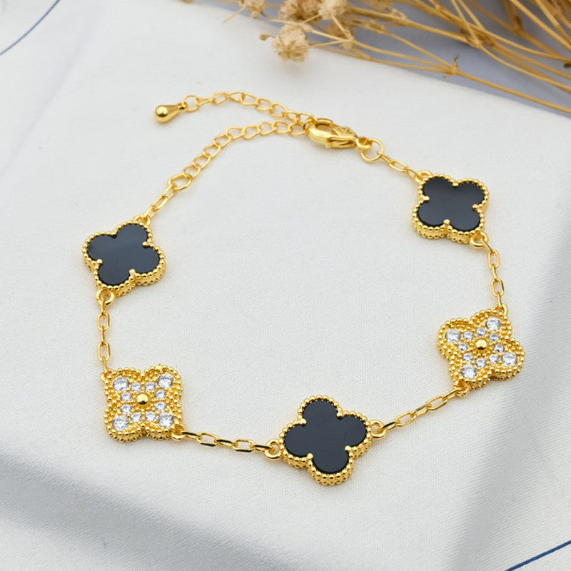Stainless Steel Gold-Plated Multicolor AD studded Clover Link Bracelet For Women - MySmartBazaar