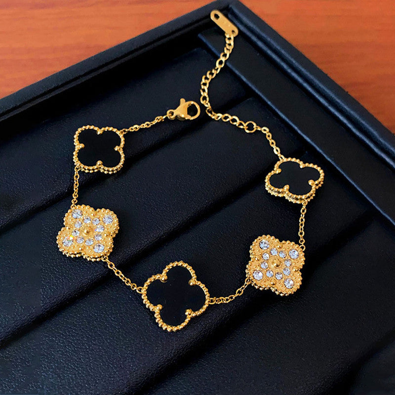 Stainless Steel Gold-Plated Multicolor AD studded Clover Link Bracelet For Women - MySmartBazaar