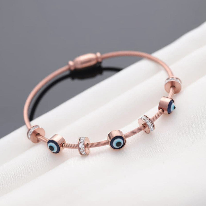 Stainless Steel Rose Gold Plated American Diamond Studded Evil Eye Bracelet For Women