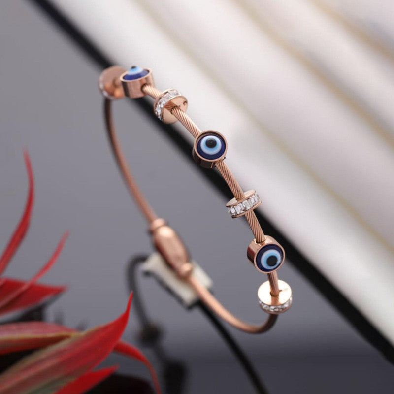 Stainless Steel Rose Gold Plated American Diamond Studded Evil Eye Bracelet For Women