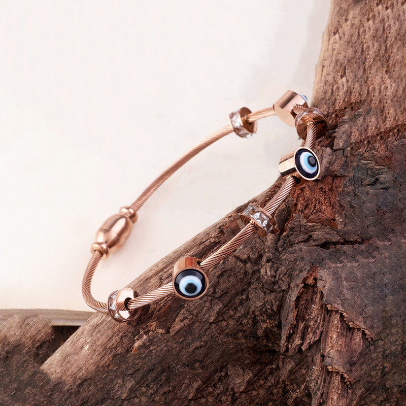 Stainless Steel Rose Gold Plated American Diamond Studded Evil Eye Bracelet For Women