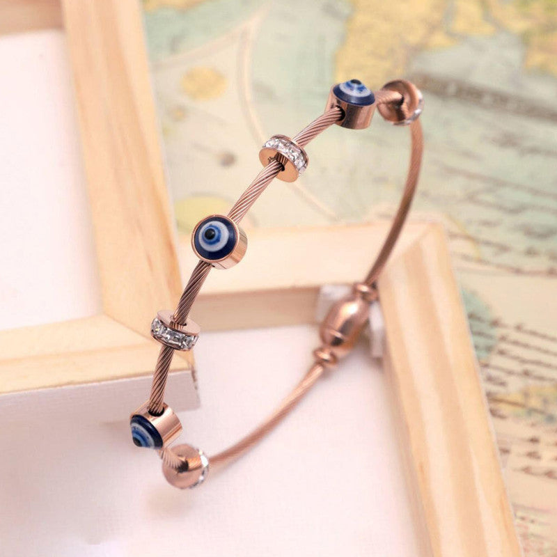 Stainless Steel Rose Gold Plated American Diamond Studded Evil Eye Bracelet For Women