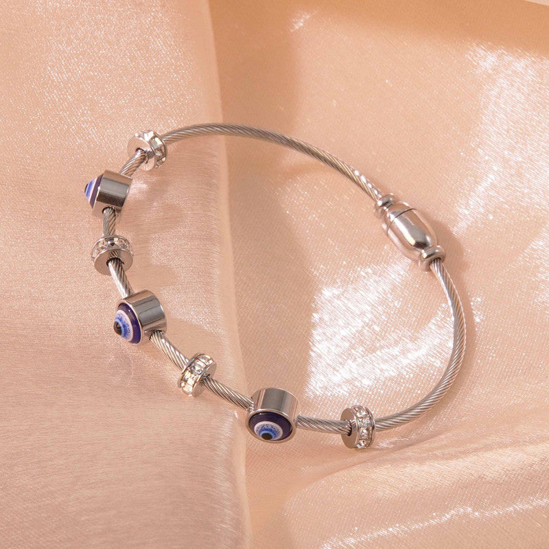 Stainless Steel Silver Plated American Diamond Studded Evil Eye Anti-Tarnish Bracelet For Women