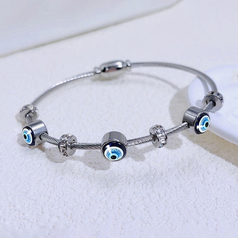 Stainless Steel Silver Plated American Diamond Studded Evil Eye Anti-Tarnish Bracelet For Women
