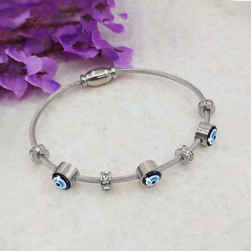 Stainless Steel Silver Plated American Diamond Studded Evil Eye Anti-Tarnish Bracelet For Women