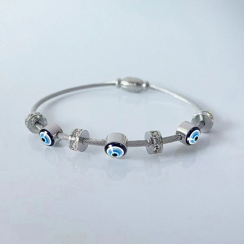 Stainless Steel Silver Plated American Diamond Studded Evil Eye Anti-Tarnish Bracelet For Women