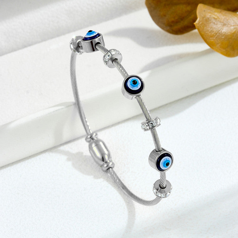 Stainless Steel Silver Plated American Diamond Studded Evil Eye Anti-Tarnish Bracelet For Women
