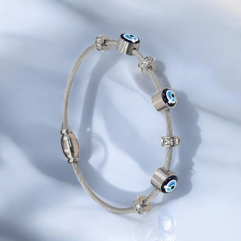 Stainless Steel Silver Plated American Diamond Studded Evil Eye Anti-Tarnish Bracelet For Women