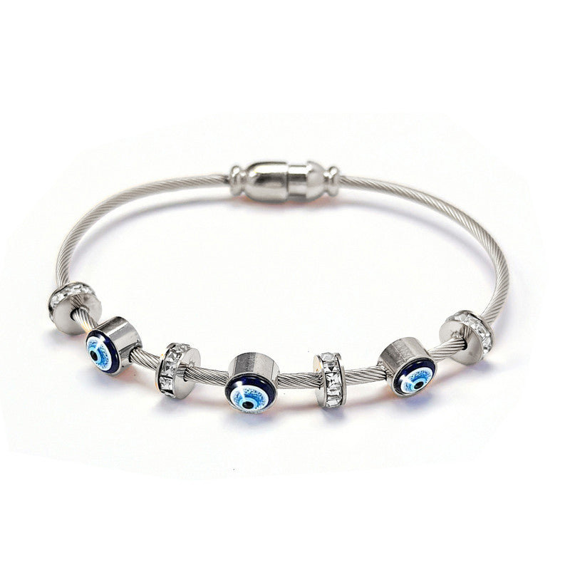 Stainless Steel Silver Plated American Diamond Studded Evil Eye Anti-Tarnish Bracelet For Women