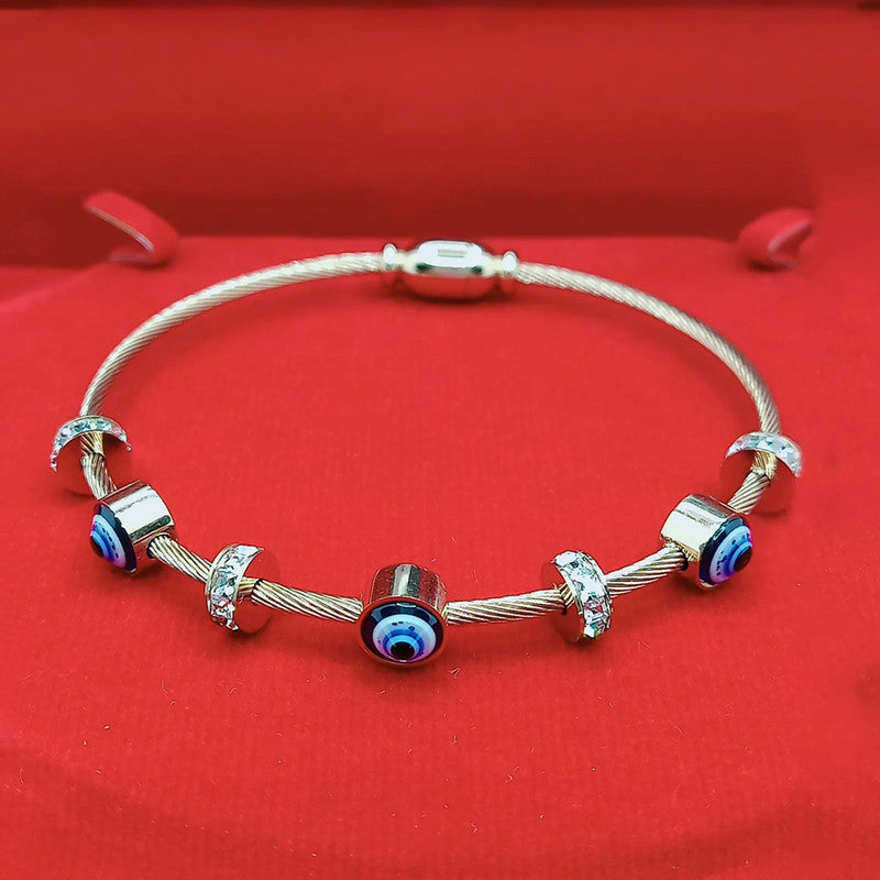 Stainless Steel Silver Plated American Diamond Studded Evil Eye Anti-Tarnish Bracelet For Women