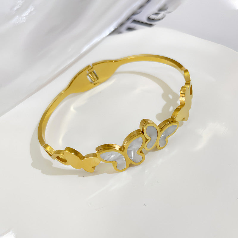 Gold Plated Stainless Steel Butterfly Themed Anti Tarnish Bangle Style Bracelet