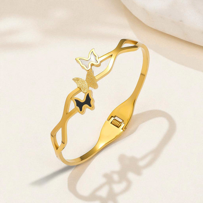 Gold Plated Stainless Steel Butterfly Themed Anti Tarnish Bangle Style Bracelet