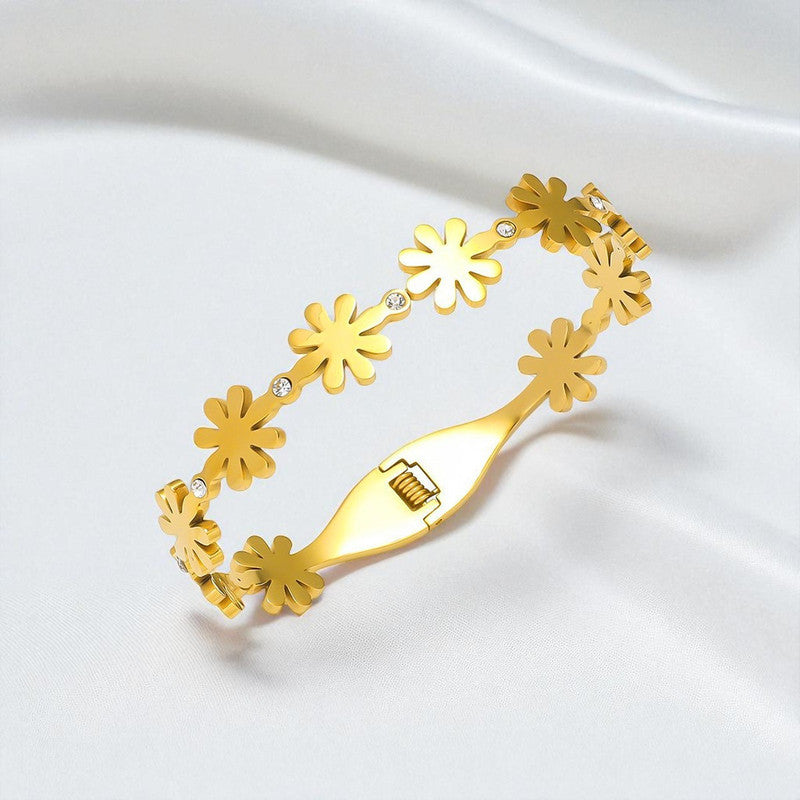 Gold Plated Stainless Steel Floral Themed Anti Tarnish Bangle Style Bracelet