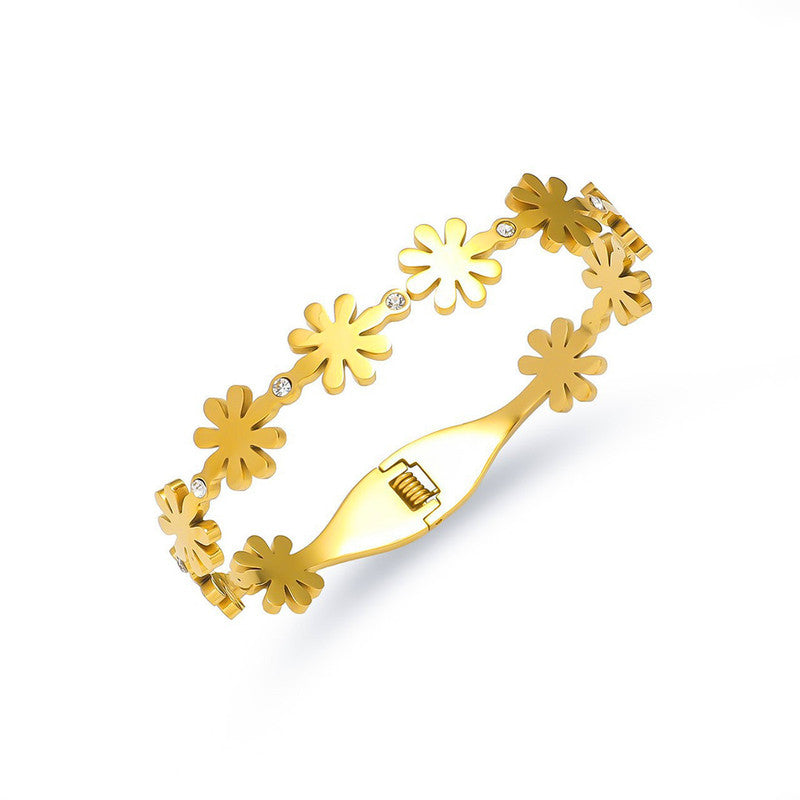 Gold Plated Stainless Steel Floral Themed Anti Tarnish Bangle Style Bracelet