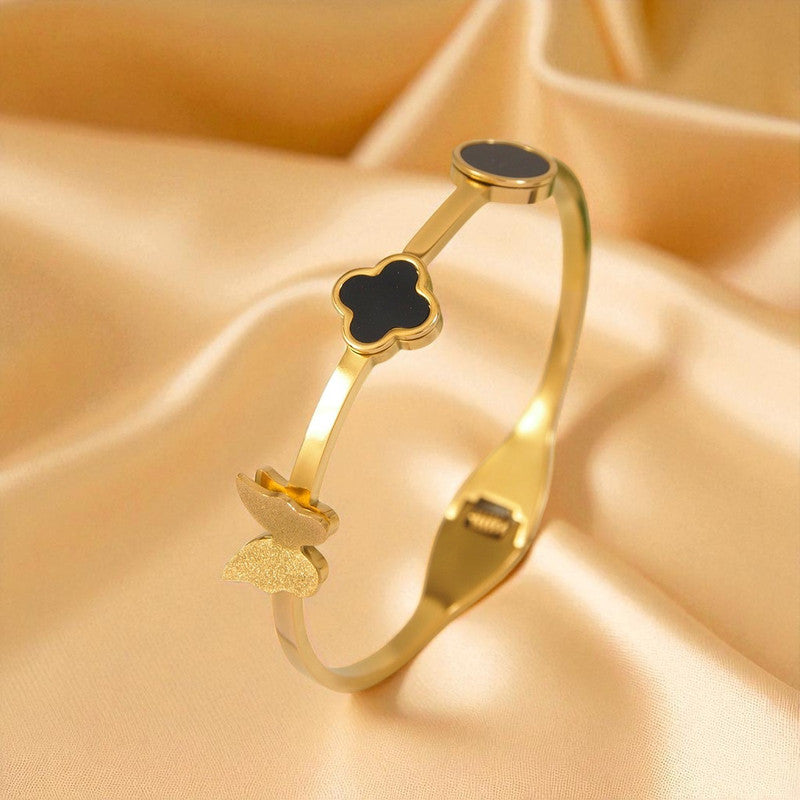 Gold Plated Stainless Steel Clover Themed Anti Tarnish Bangle Style Bracelet