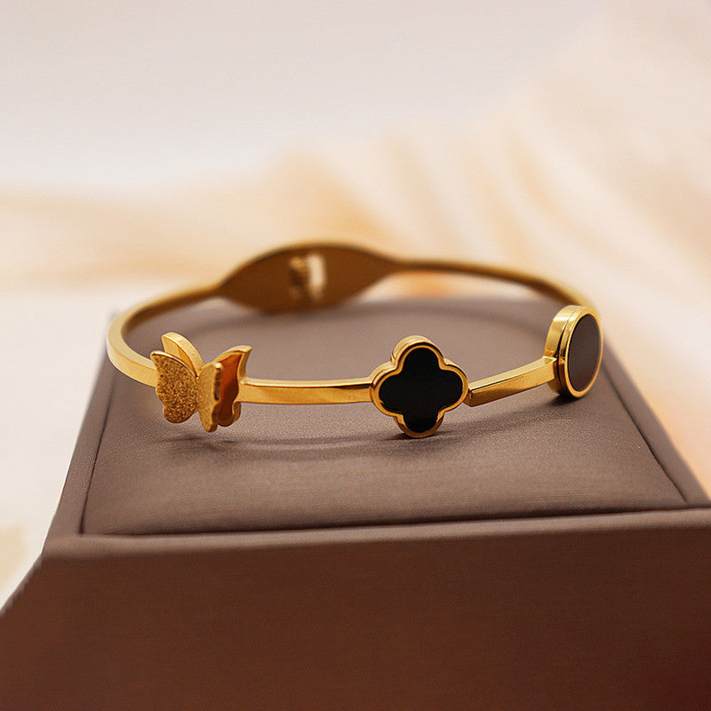 Gold Plated Stainless Steel Clover Themed Anti Tarnish Bangle Style Bracelet