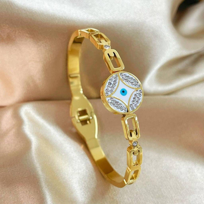 Gold Plated Stainless Steel Evil Eye Themed Anti Tarnish Bangle Style Bracelet