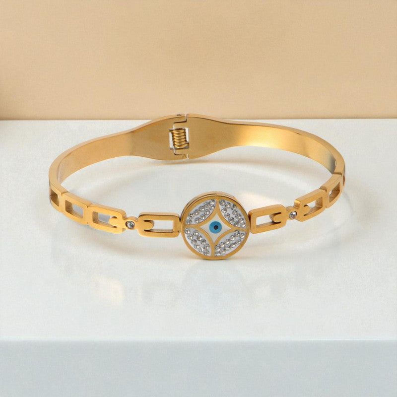 Gold Plated Stainless Steel Evil Eye Themed Anti Tarnish Bangle Style Bracelet
