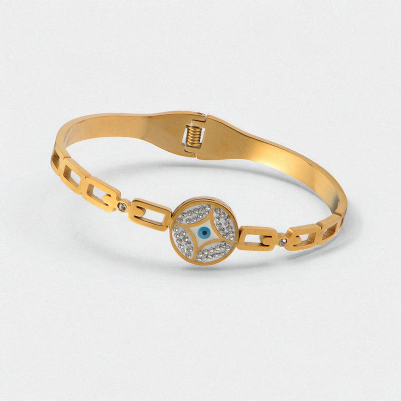 Gold Plated Stainless Steel Evil Eye Themed Anti Tarnish Bangle Style Bracelet